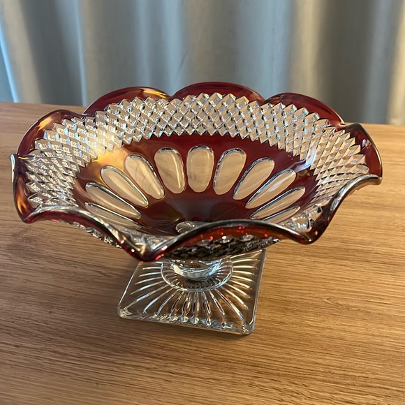 VTG.Westmoreland English Hobnail Ruffled Edge Red & Clear Pedestal Candy